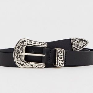 ASOS DESIGN leather slim western belt in black